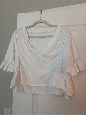 aerie White Ruffle Trim V-Neck Blouse